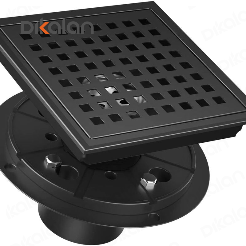 Square Shower Floor Drain 6 Inch Matte Black 304 Stainless Steel Kit Includes Removable Shower Drain Grate Hair Strainer